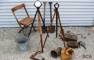 Vintage heliograph kits with light, mirror and tripod stands