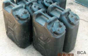 Black plastic army water cans