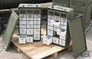 Army medical cases with plastic drawers for supplies, bandages and gauze