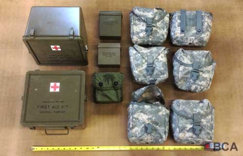 Assorted medical first aid boxes and kits