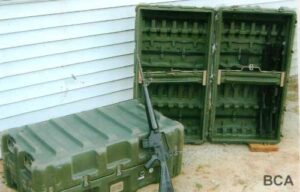 "Instant armoury," large plastic cases which open to display and secure 12 M16 rifles.